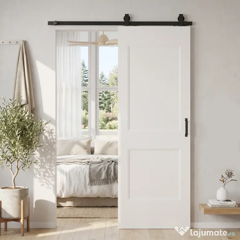 HOMCOM Ușă Culisantă de Interior din Lemn de Pin cu Șină Silențioasă, Ghidaj, Kit Accesorii, Alb