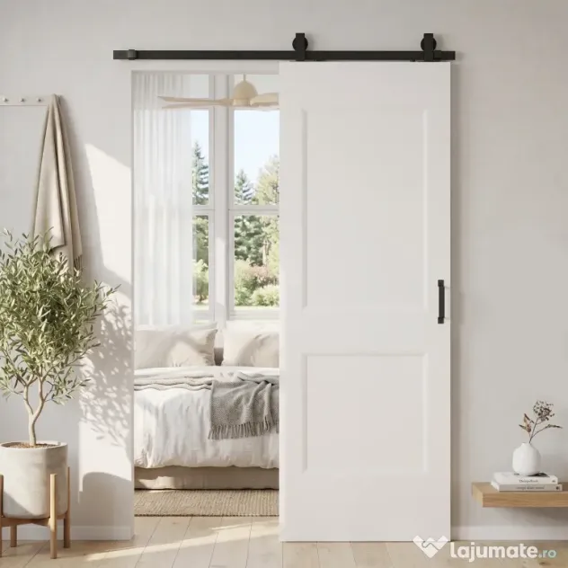 HOMCOM Ușă Culisantă de Interior din Lemn de Pin cu Șină Silențioasă, Ghidaj, Kit Accesorii, Alb