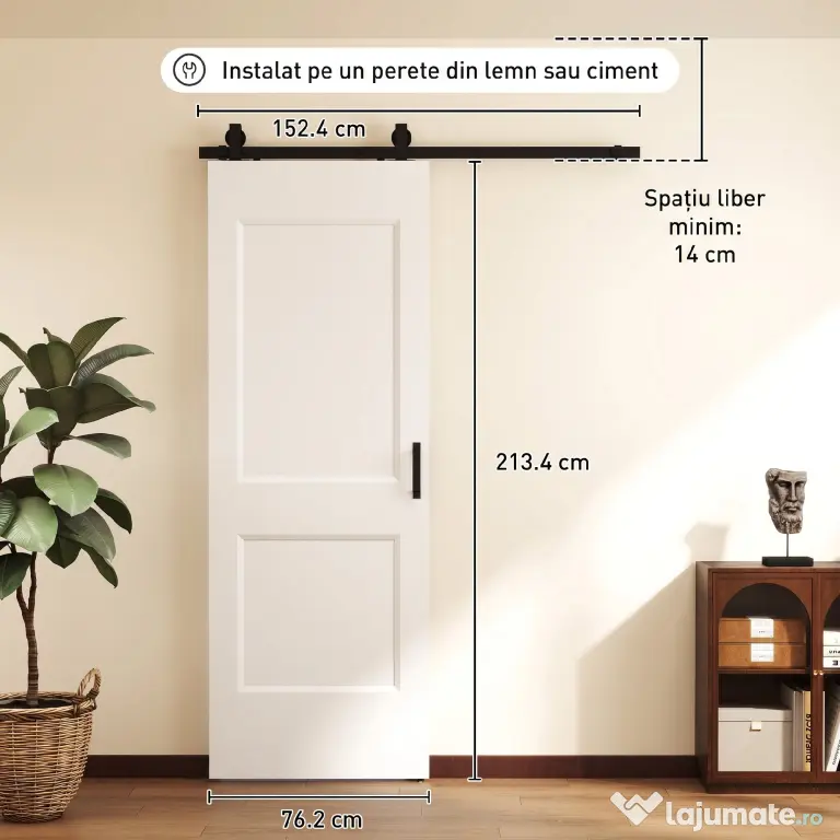 HOMCOM Ușă Culisantă de Interior din Lemn de Pin cu Șină Silențioasă, Ghidaj, Kit Accesorii, Alb
