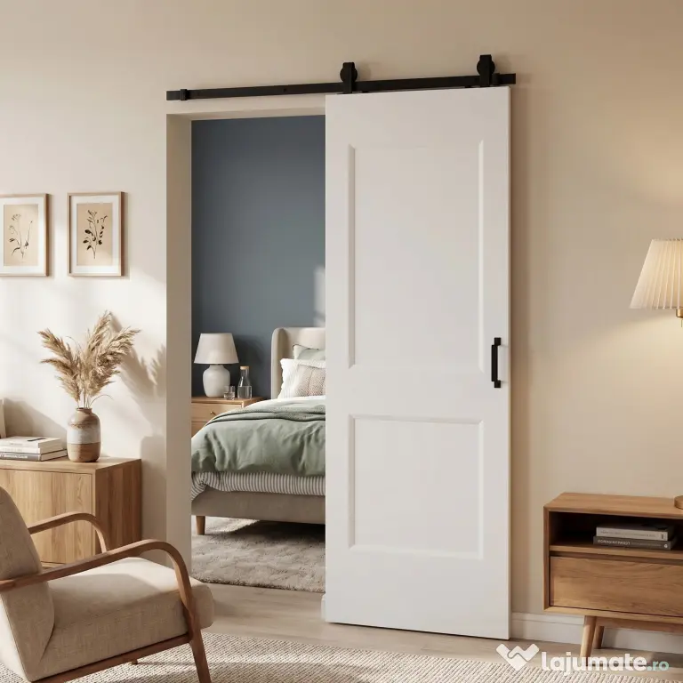HOMCOM Ușă Culisantă de Interior din Lemn de Pin cu Șină Silențioasă, Ghidaj, Kit Accesorii, Alb