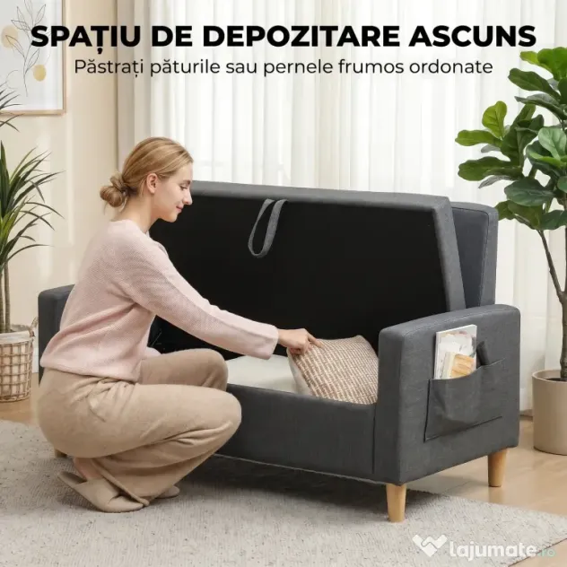 HOMCOM Canapea 2 Locuri din Țesătură Efect In cu 2 Perne Detașabile și Spațiu de Depozitare, Gri Închis | Aosom Romania