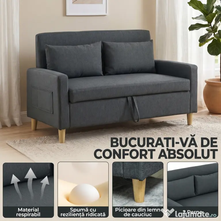 HOMCOM Canapea 2 Locuri din Țesătură Efect In cu 2 Perne Detașabile și Spațiu de Depozitare, Gri Închis | Aosom Romania