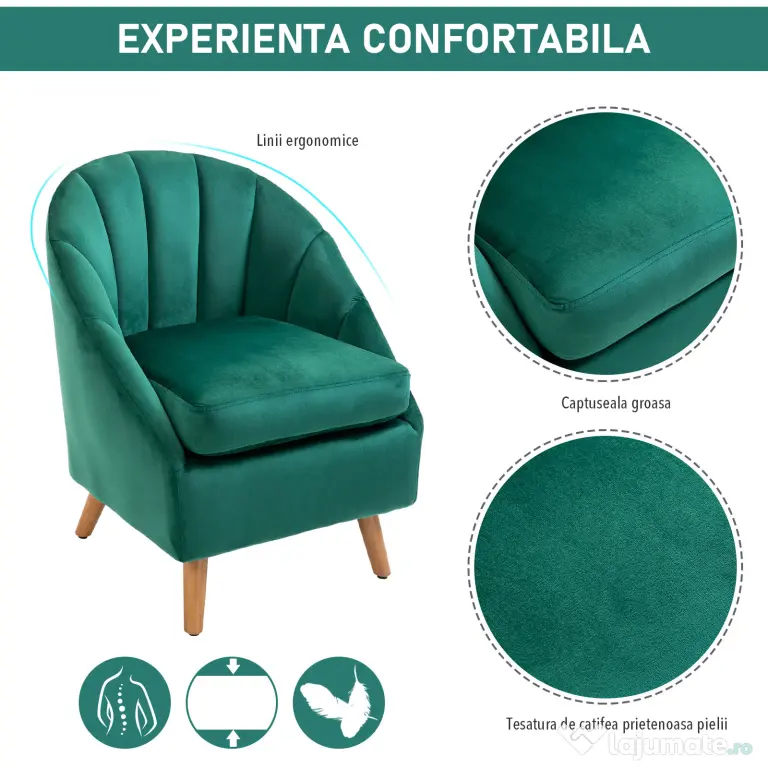 Homcom Fotoliu Verde din Catifea – Elegant cu Picioare din Lemn