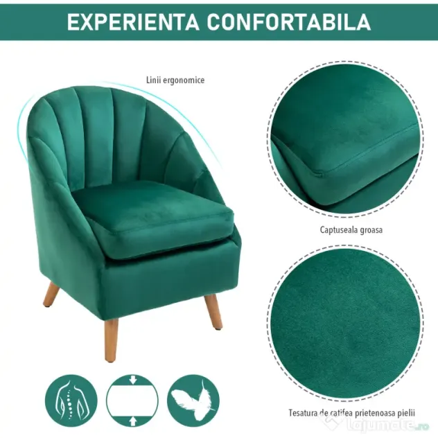 Homcom Fotoliu Verde din Catifea – Elegant cu Picioare din Lemn