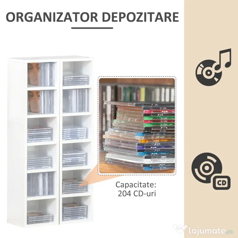 HOMCOM Bibliotecă Raft pentru CD-uri, Set 2 Bucăți cu 12 Polițe din Lemn, 21x19.2x88.3 cm, Alb
