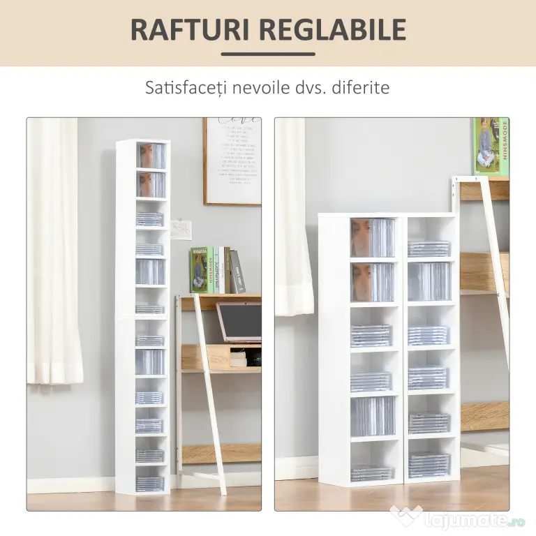 HOMCOM Bibliotecă Raft pentru CD-uri, Set 2 Bucăți cu 12 Polițe din Lemn, 21x19.2x88.3 cm, Alb