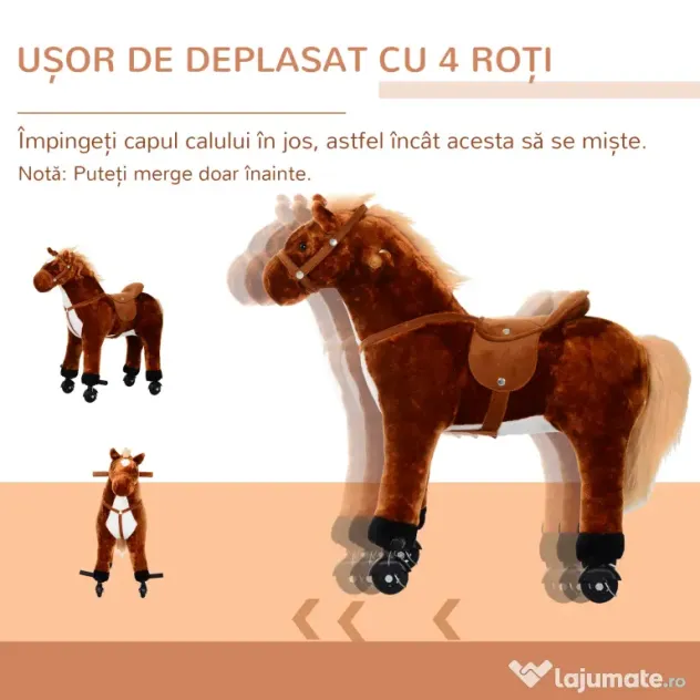 HOMCOM Căluț Balansoar pentru Copii 3+ Ani cu 4 Rotile și Sunete Realiste și Suport pentru Picioare, 65x28x75 cm, Maro