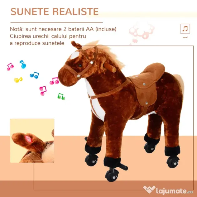 HOMCOM Căluț Balansoar pentru Copii 3+ Ani cu 4 Rotile și Sunete Realiste și Suport pentru Picioare, 65x28x75 cm, Maro