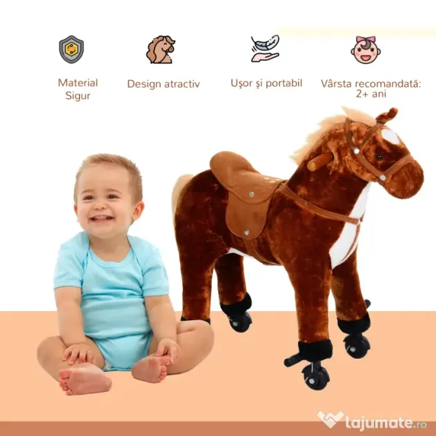 HOMCOM Căluț Balansoar pentru Copii 3+ Ani cu 4 Rotile și Sunete Realiste și Suport pentru Picioare, 65x28x75 cm, Maro