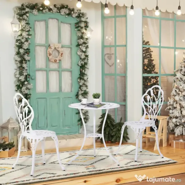 Outsunny Set de Grădină 3 Piese din Aluminiu cu 2 Scaune 42,5x47,5x89 cm și Masă Rotundă Ø60x67 cm, Alb