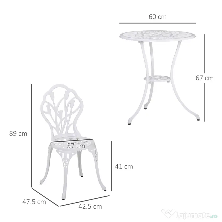 Outsunny Set de Grădină 3 Piese din Aluminiu cu 2 Scaune 42,5x47,5x89 cm și Masă Rotundă Ø60x67 cm, Alb