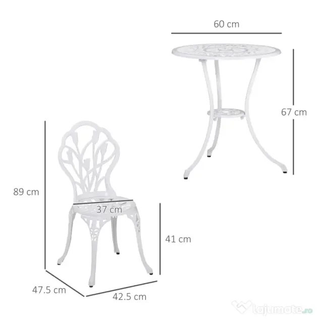Outsunny Set de Grădină 3 Piese din Aluminiu cu 2 Scaune 42,5x47,5x89 cm și Masă Rotundă Ø60x67 cm, Alb