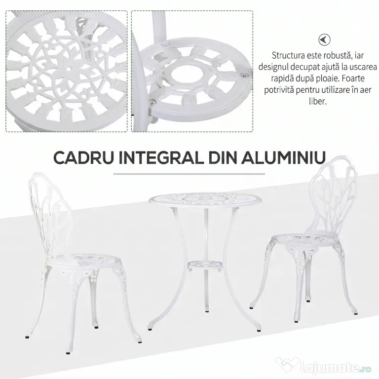 Outsunny Set de Grădină 3 Piese din Aluminiu cu 2 Scaune 42,5x47,5x89 cm și Masă Rotundă Ø60x67 cm, Alb