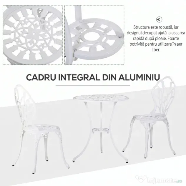 Outsunny Set de Grădină 3 Piese din Aluminiu cu 2 Scaune 42,5x47,5x89 cm și Masă Rotundă Ø60x67 cm, Alb