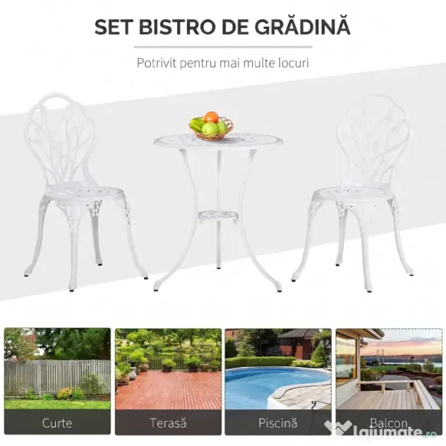 Outsunny Set de Grădină 3 Piese din Aluminiu cu 2 Scaune 42,5x47,5x89 cm și Masă Rotundă Ø60x67 cm, Alb