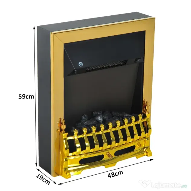 HOMCOM Șemineu Electric Încorporabil sau de Podea 2000W din Plastic și Metal, Auriu, 48x19x59cm
