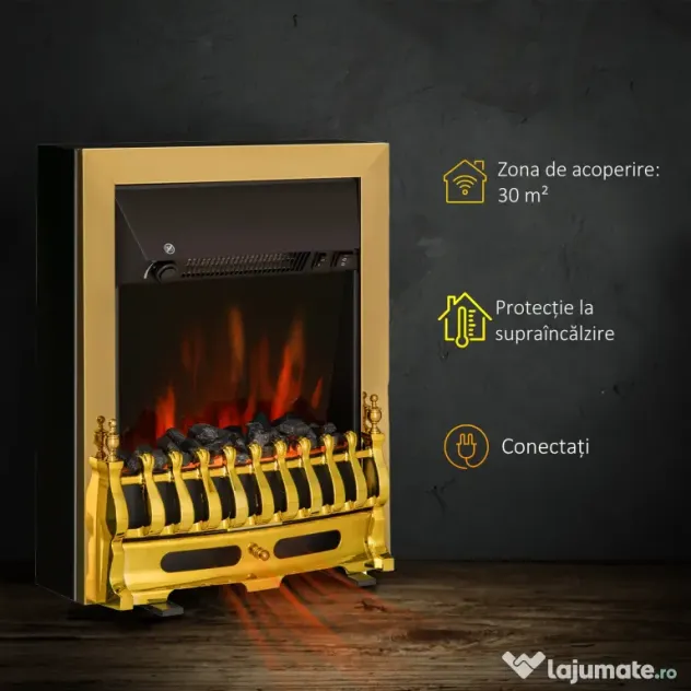 HOMCOM Șemineu Electric Încorporabil sau de Podea 2000W din Plastic și Metal, Auriu, 48x19x59cm