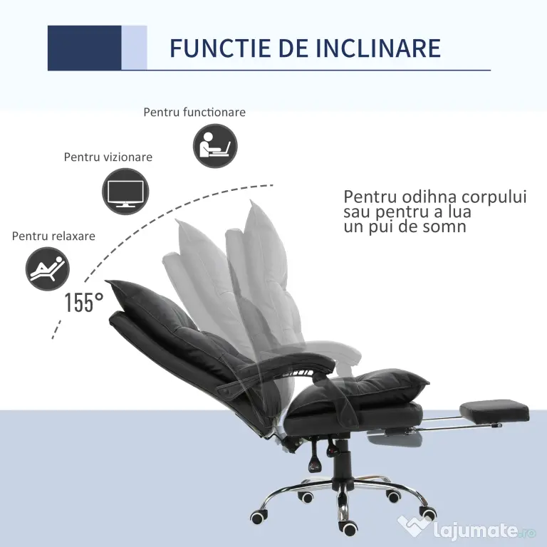 Vinsetto Fotoliu Birou Negru – Rabatabil, Suport Picioare & Ergonomic