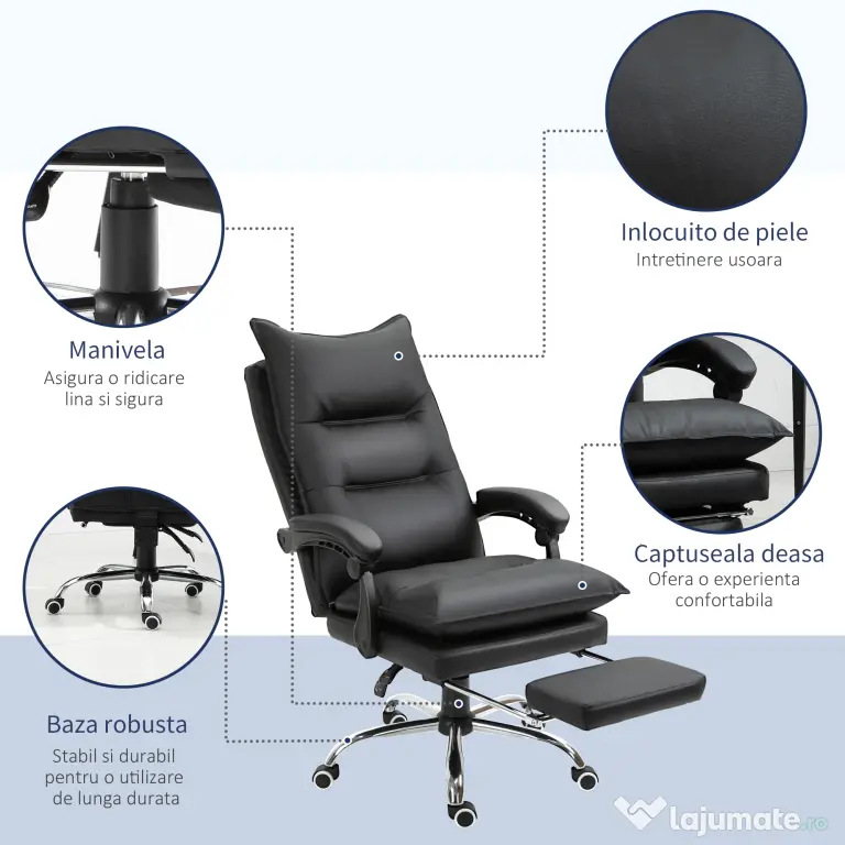 Vinsetto Fotoliu Birou Negru – Rabatabil, Suport Picioare & Ergonomic