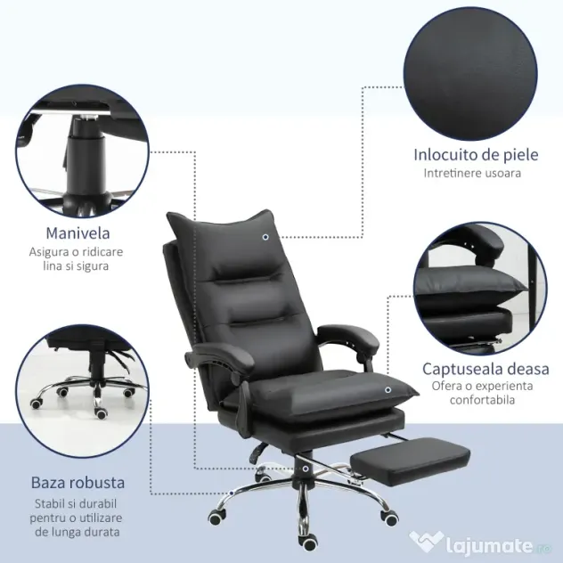 Vinsetto Fotoliu Birou Negru – Rabatabil, Suport Picioare & Ergonomic