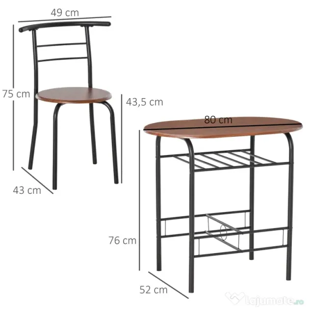 HOMCOM Set de Pranz 3 Piese Masa cu 2 Scaune Maro Lemn si Negru