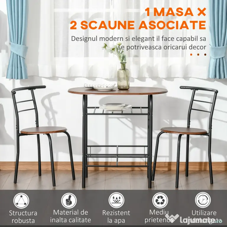 HOMCOM Set de Pranz 3 Piese Masa cu 2 Scaune Maro Lemn si Negru
