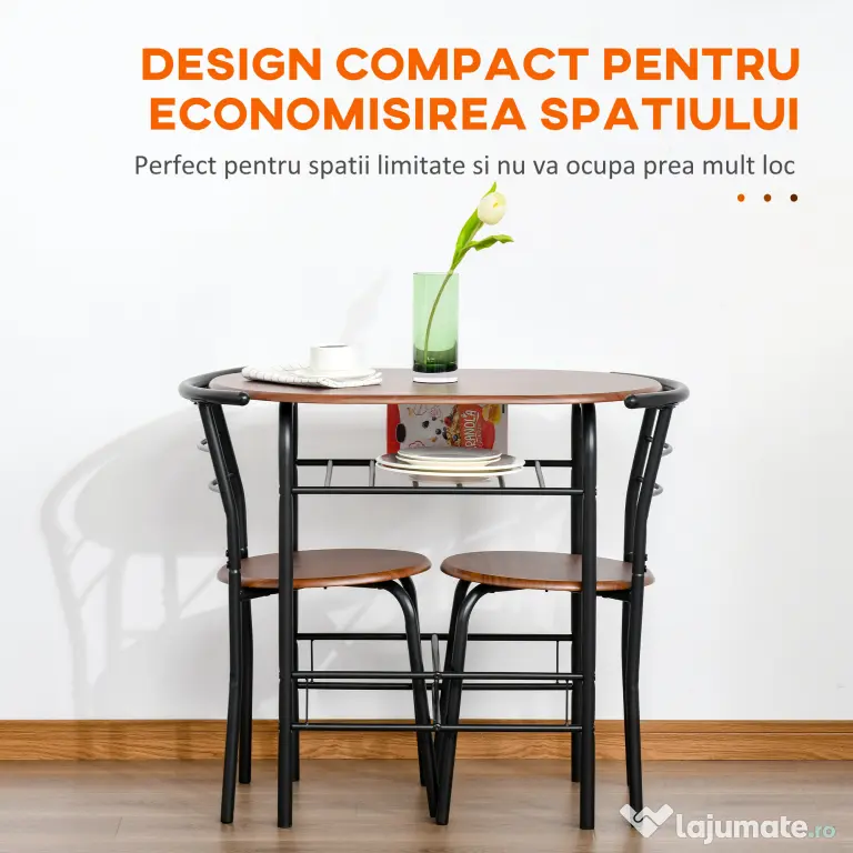 HOMCOM Set de Pranz 3 Piese Masa cu 2 Scaune Maro Lemn si Negru