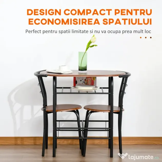 HOMCOM Set de Pranz 3 Piese Masa cu 2 Scaune Maro Lemn si Negru