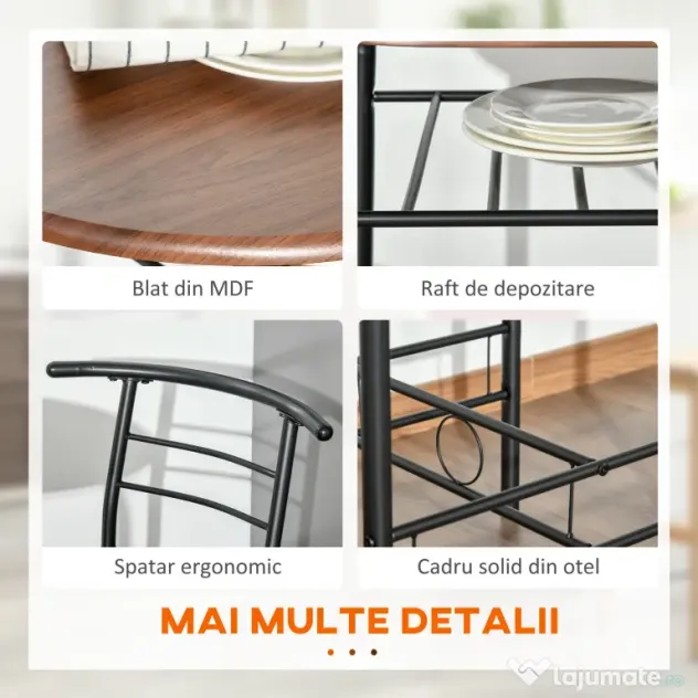 HOMCOM Set de Pranz 3 Piese Masa cu 2 Scaune Maro Lemn si Negru