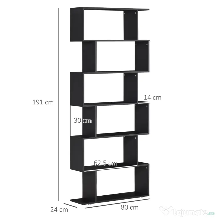 HOMCOM Bibliotecă din Lemn cu 6 Rafturi, 80x24x191 cm, Negru