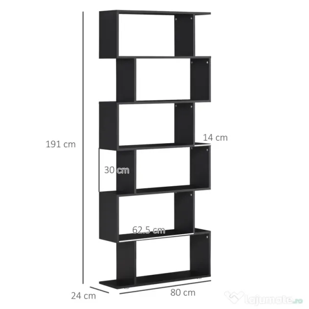 HOMCOM Bibliotecă din Lemn cu 6 Rafturi, 80x24x191 cm, Negru