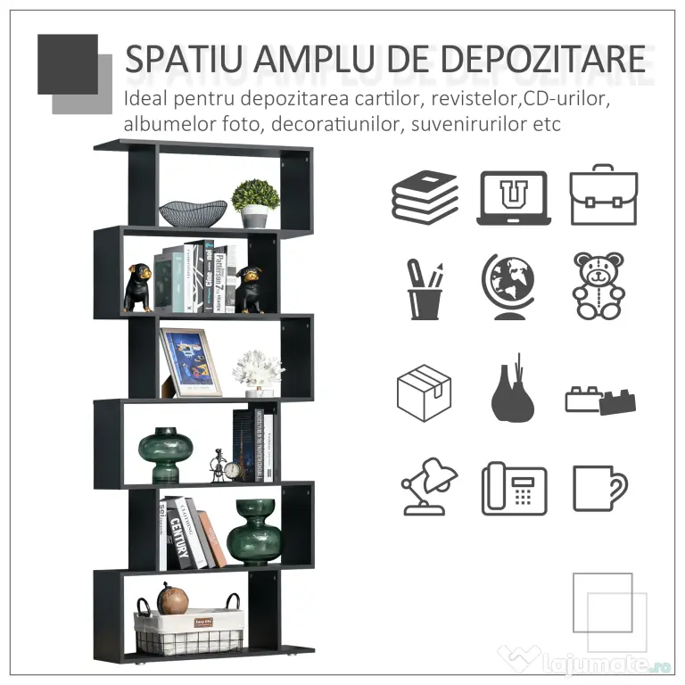 HOMCOM Bibliotecă din Lemn cu 6 Rafturi, 80x24x191 cm, Negru