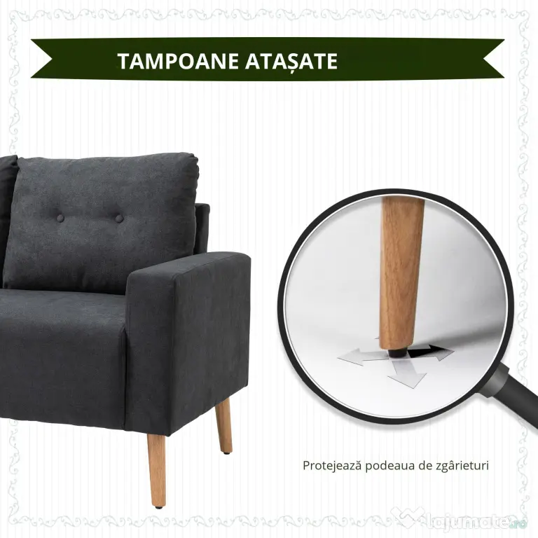 Homcom Canapea 2 Locuri – Gri, Spatar Matlasat & Cadru Lemn