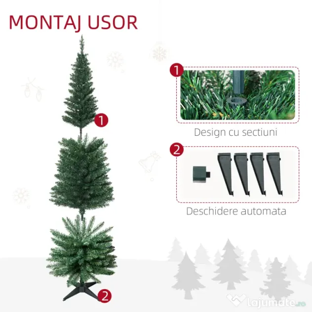 HOMCOM Brad de Craciun Artificial 180cm con 390 Ramuri Dese, Verde
