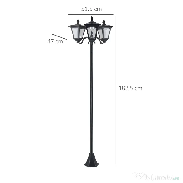 Outsunny Felinar Gradina 182,5 cm – LED cu Energie Solara, Negru