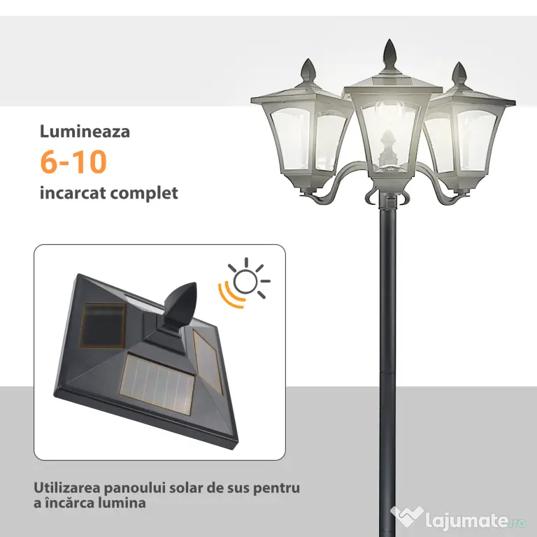 Outsunny Felinar Gradina 182,5 cm – LED cu Energie Solara, Negru