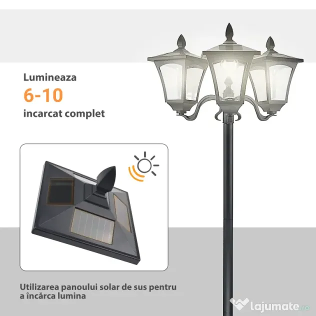 Outsunny Felinar Gradina 182,5 cm – LED cu Energie Solara, Negru