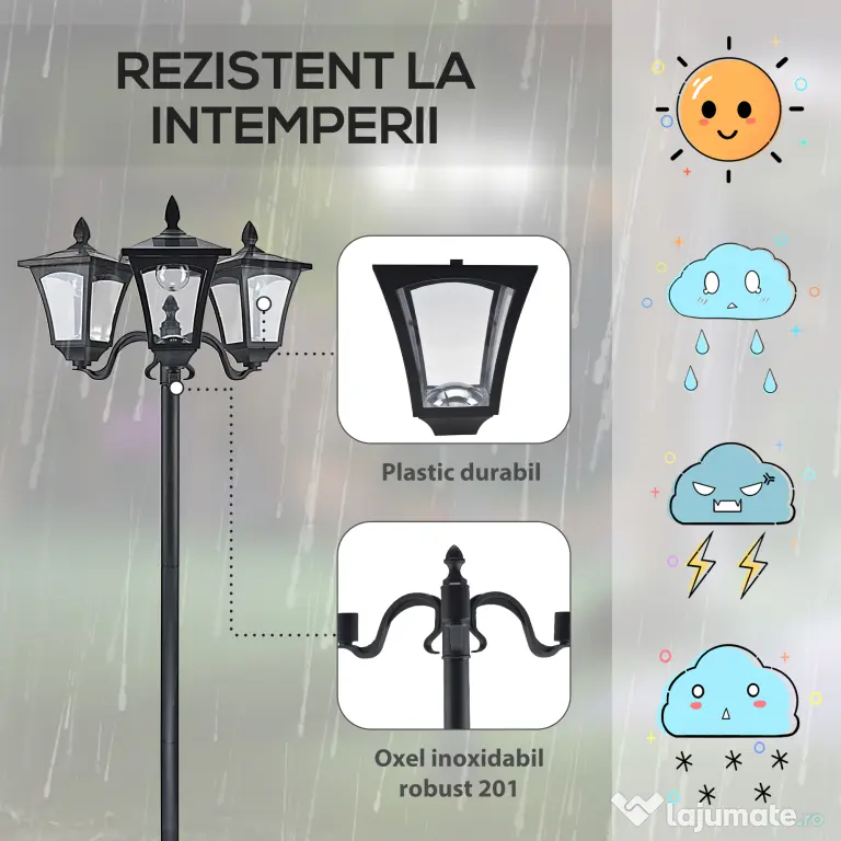 Outsunny Felinar Gradina 182,5 cm – LED cu Energie Solara, Negru