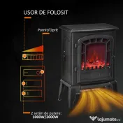 HOMCOM Semineu electric cu efect flacara, temperatura reglabila 1000W-2000W 