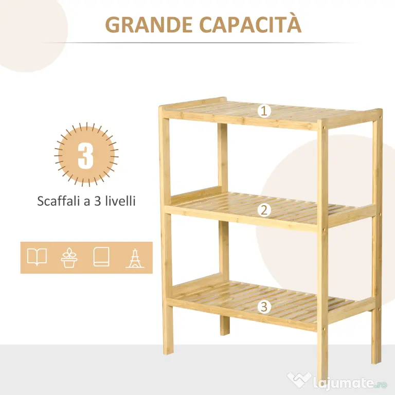 HOMCOM Raft Multifunctional cu 3 Nivele din Bambus , 62x33x80cm, Culoare lemn Natural