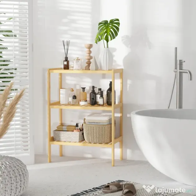 HOMCOM Raft Multifunctional cu 3 Nivele din Bambus , 62x33x80cm, Culoare lemn Natural