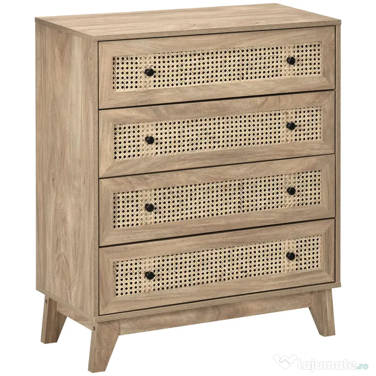 HOMCOM Comodă cu 4 Sertare și Inserții din Rattan Stil Boho, 80x35x95 cm, Lemn Natural
