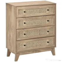 HOMCOM Comodă cu 4 Sertare și Inserții din Rattan Stil Boho, 80x35x95 cm, Lemn Natural