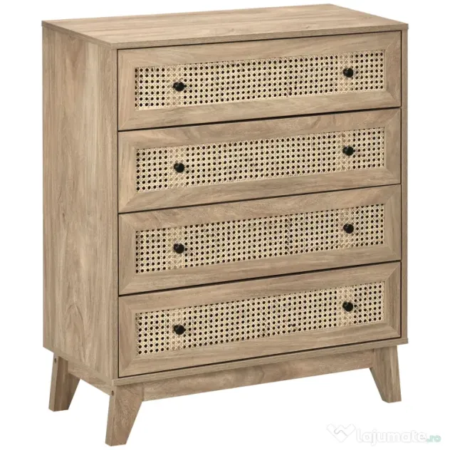 HOMCOM Comodă cu 4 Sertare și Inserții din Rattan Stil Boho, 80x35x95 cm, Lemn Natural