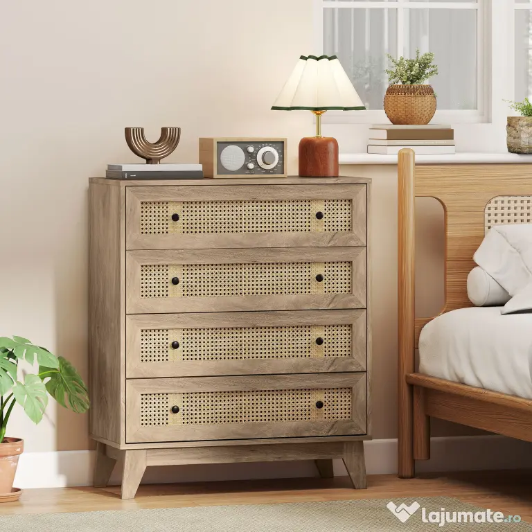 HOMCOM Comodă cu 4 Sertare și Inserții din Rattan Stil Boho, 80x35x95 cm, Lemn Natural