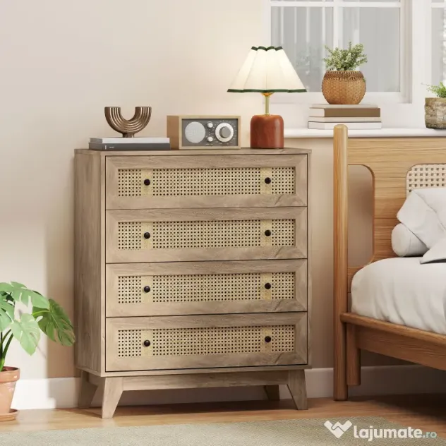 HOMCOM Comodă cu 4 Sertare și Inserții din Rattan Stil Boho, 80x35x95 cm, Lemn Natural