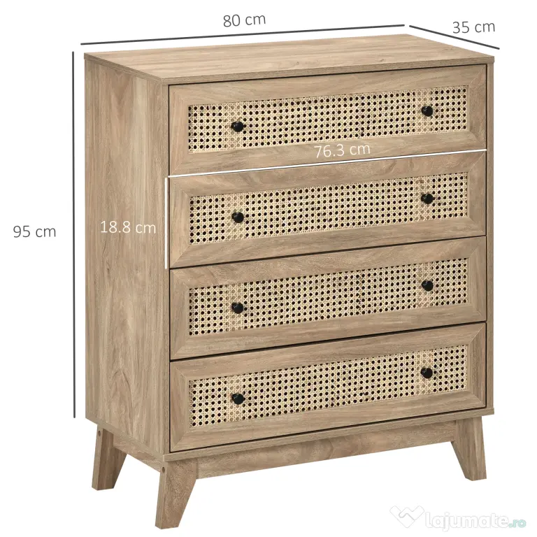 HOMCOM Comodă cu 4 Sertare și Inserții din Rattan Stil Boho, 80x35x95 cm, Lemn Natural