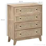 HOMCOM Comodă cu 4 Sertare și Inserții din Rattan Stil Boho, 80x35x95 cm, Lemn Natural 
