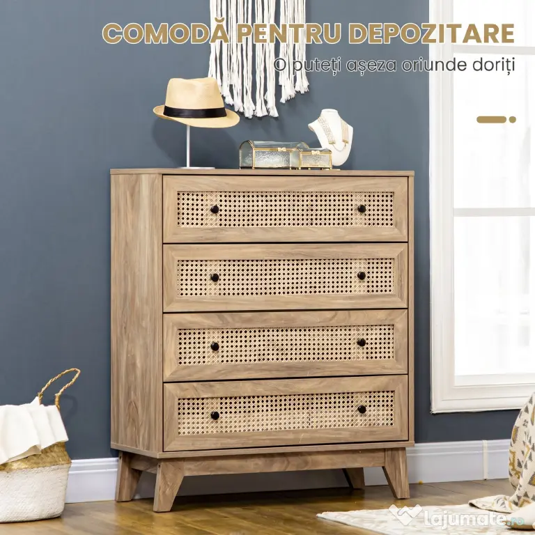 HOMCOM Comodă cu 4 Sertare și Inserții din Rattan Stil Boho, 80x35x95 cm, Lemn Natural