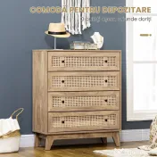 HOMCOM Comodă cu 4 Sertare și Inserții din Rattan Stil Boho, 80x35x95 cm, Lemn Natural 